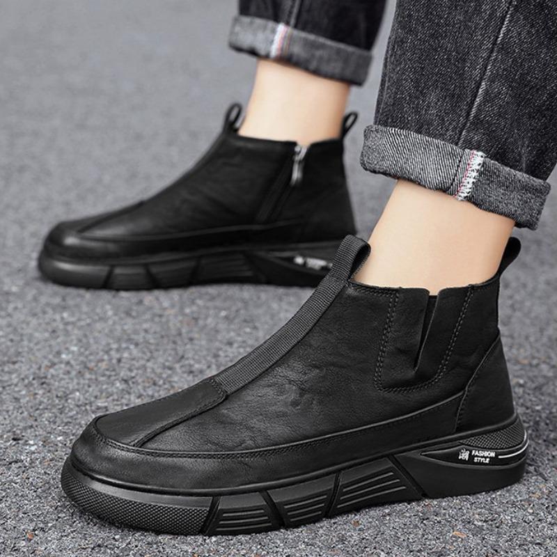 Men Leather Shoes Motorcycle Trend Platform Shoe Fashion Men's High Top Ankle Boots Spring New Waterproof Non Slip Casual Shoes