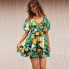 Summer New Style V-neck Printed Beach Skirt Lantern Sleeve Short Dress