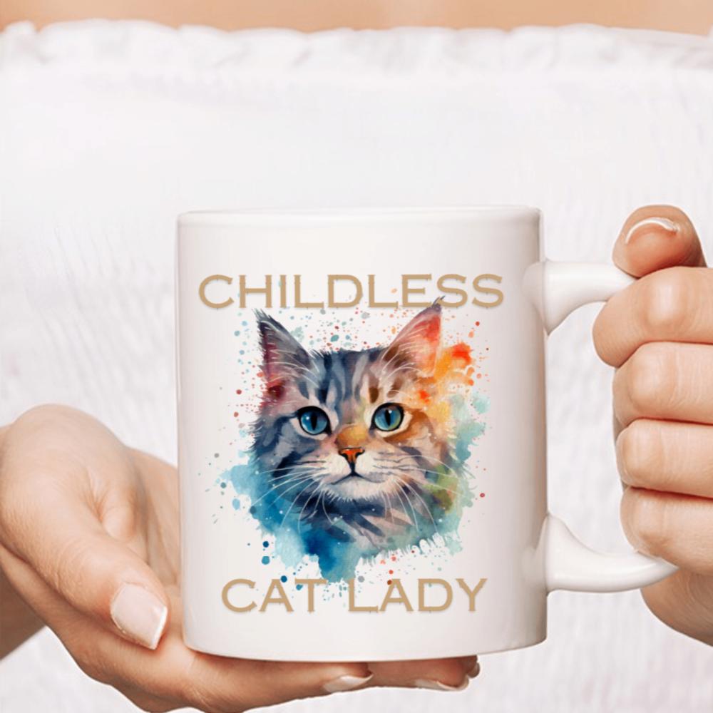 2 pcs, 3A grade, 11 oz, 330 ml Coffee cup, Childless Cat Lady mug Ceramic, Decoration Birthday Halloween Christmas and New Year