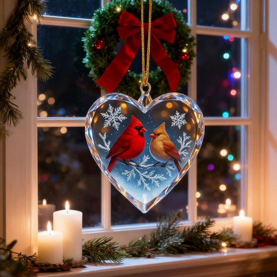 Red Birds Christmas Ornaments Couple Bird Heart Shaped Ornament for Xmas Tree Holiday Gifts for Bird Lovers Women