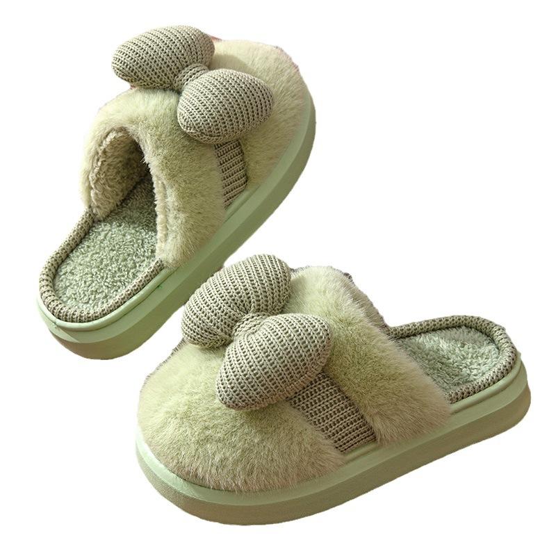 New autumn and winter household cotton slippers women's bow home indoor thickened fluffy warm non-slip cotton shoes