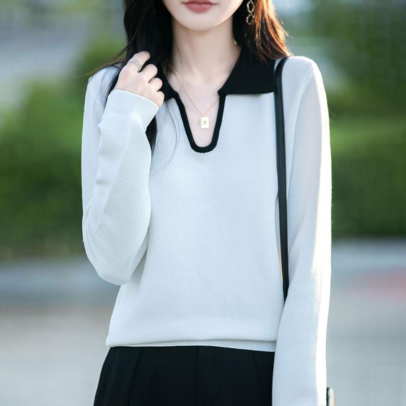 New Spring Autumn Style Contrast Color Lapel Knit Women's Sweater - Casual Fashion Elegant High-End Base Layer Top
