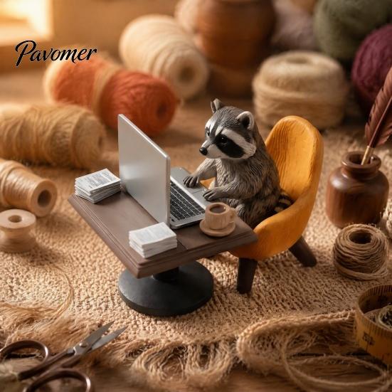 Office Decor Highland Cow/Raccoon Theme Ornament, Miniature Animal Desktop Decoration with Realistic Window Display Ornaments Laptop Coffee