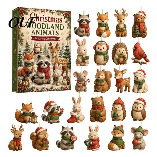 Collectible Christmas Figures Woodland Animal Advent Calendar, 24-Day Countdown Set with Forest Calendar Critter Ornaments, 2D Acrylic Tree