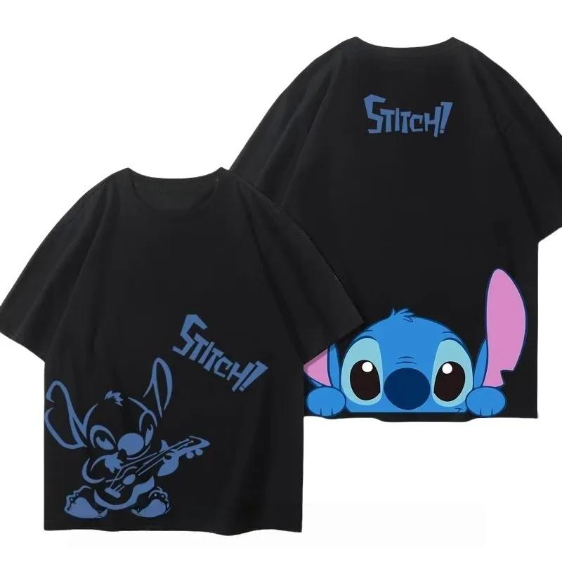 Stitch Printed Mens Cotton Tshirt Double Sided Casual Loose Half Sleeve Top in White Black for Couples