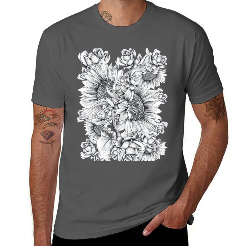 Black White Sunflowers And Roses Tshirt Antipilling Casual Tshirt