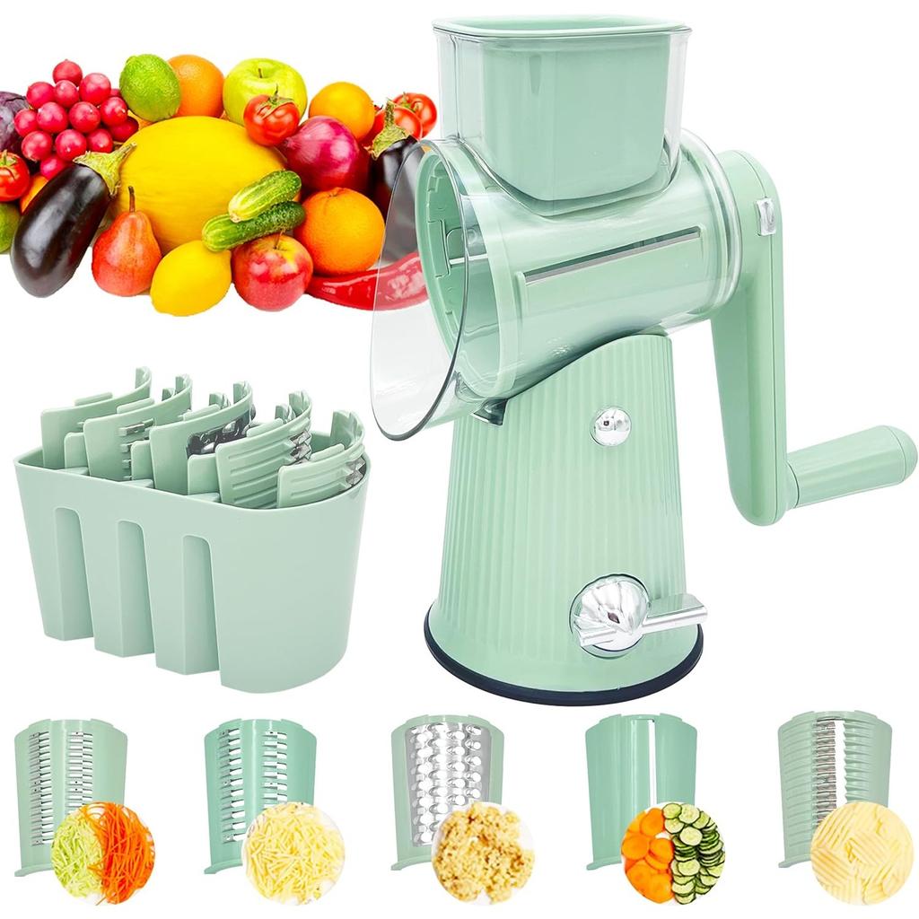 5-in-1 Rotary Cheese Grater Multifunctional Kitchen Mandoline Slicer with Handle & Strong Suction Base Replaceable Stainless Blades Cheese