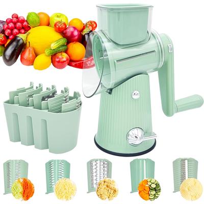5-in-1 Rotary Cheese Grater Multifunctional Kitchen Mandoline Slicer with Handle & Strong Suction Base Replaceable Stainless Blades Cheese Shredder