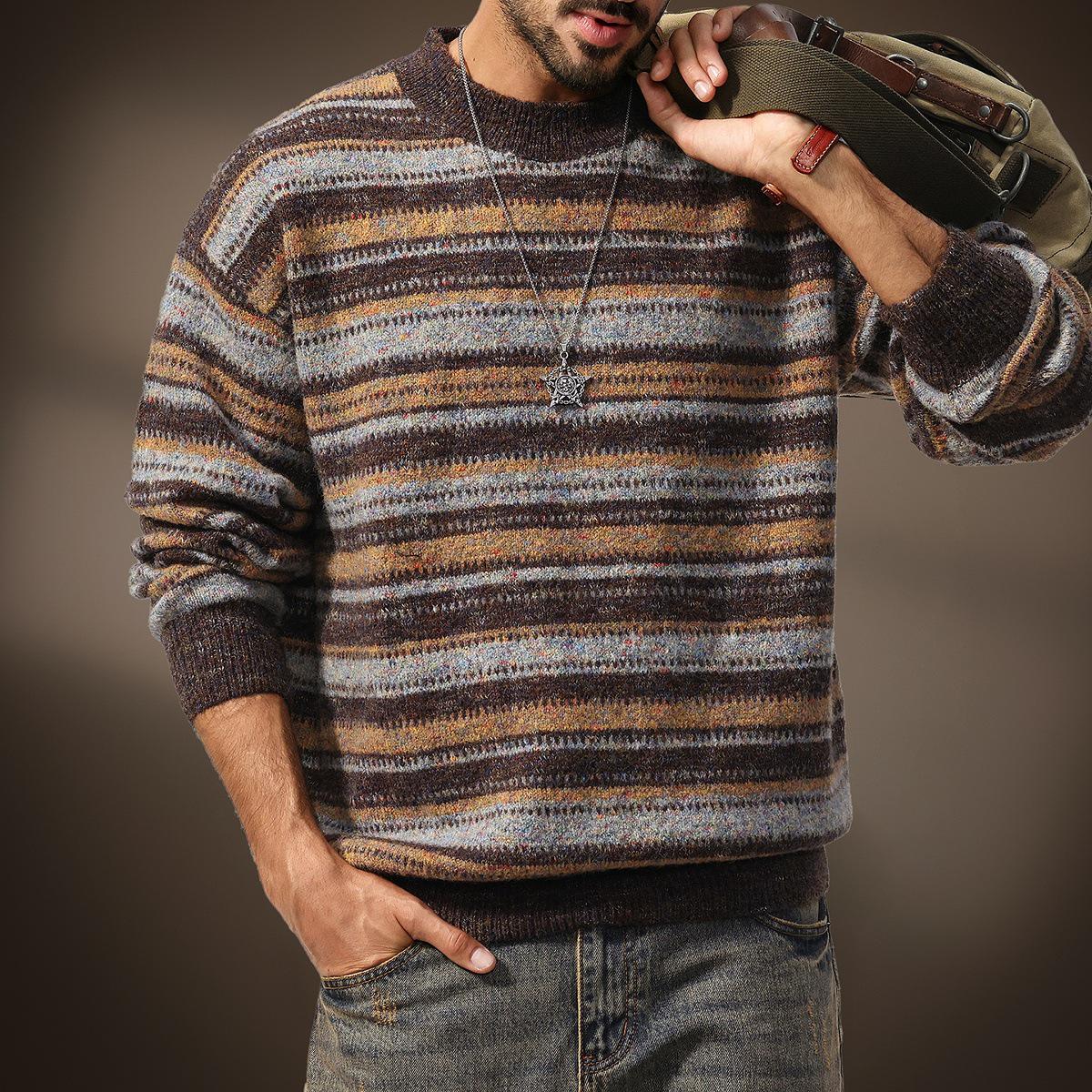 

Men s Retro Distressed Color Block Striped Sweater: Casual Autumn/Winter Knitwear with Round Neck M for 110-130 jin