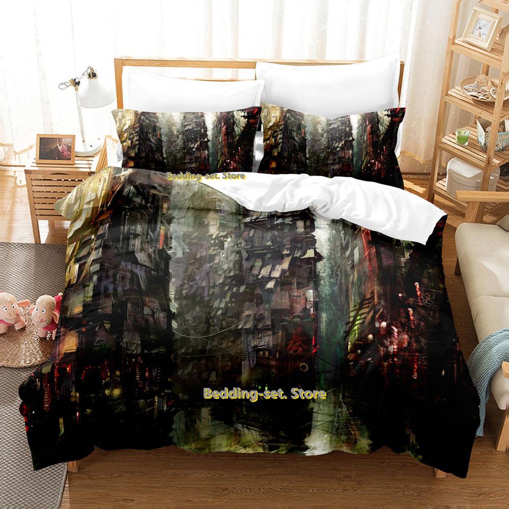 Zestaw pościeli Anime City Pojedynczy Bliźniak Pełny Queen King Size Zestaw do łóżka Sypialnia dla dorosłych Dzieci Zestawy poszewek na kołdrę Druk 3D Prześcieradło Anime