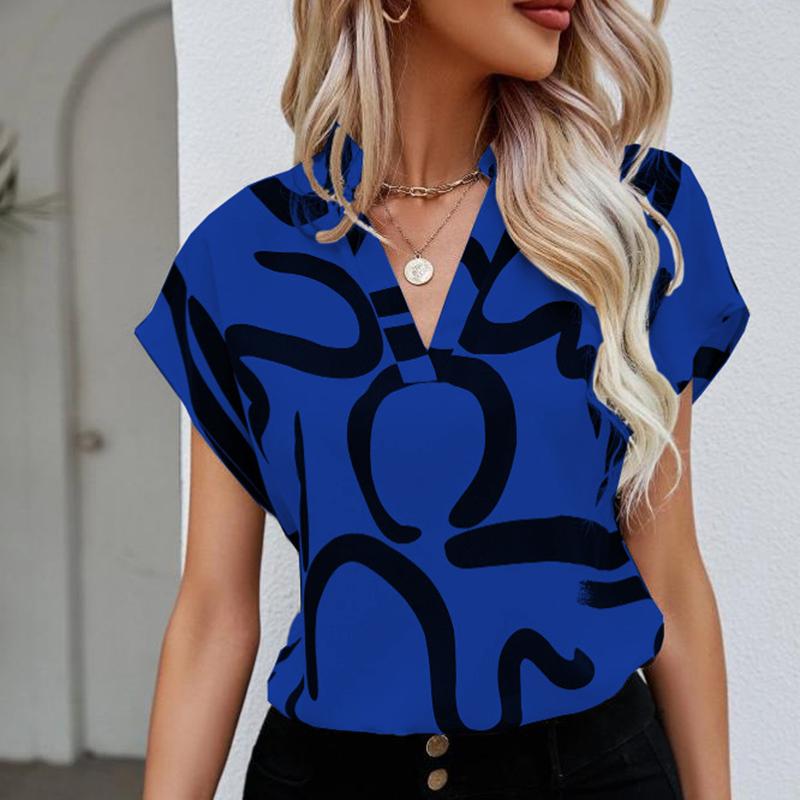 Ladies Summer Short Sleeve V Neck Casual Printed Pullover Blouse Shirt Top