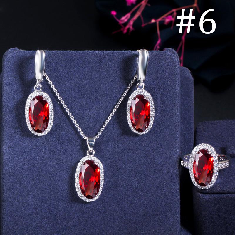 WWJ Super Sparkling Oval Shape Cubic Zirconia Engagement Ring Necklack Earrings Set