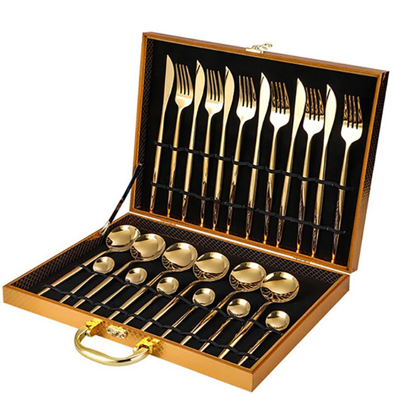 24PCS Cutlery Set Stainless Knife Fork Spoon Flatware Tableware Set Gold Gift Box Portable Dinnerware Dishwasher Kitchenware