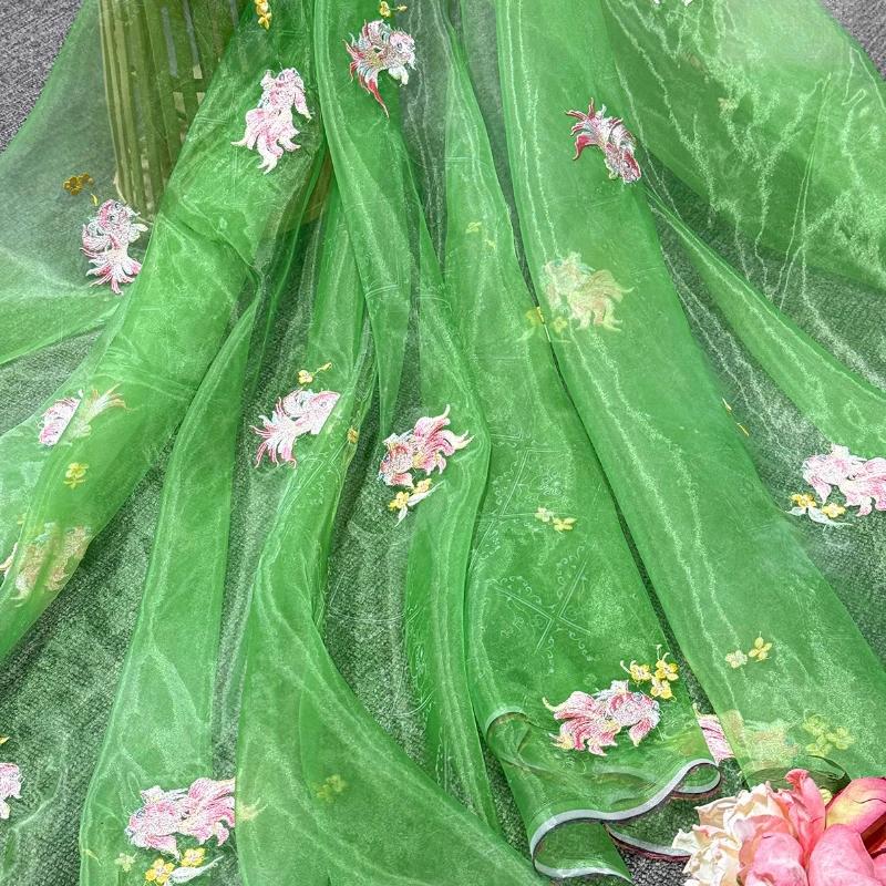 Printing Silk Chiffon Fabric Koi Carp Embroidery Fabric Tulle Handmade DIY Chinese Ancient Hanfu Stage Dance Dress Wedding Decor