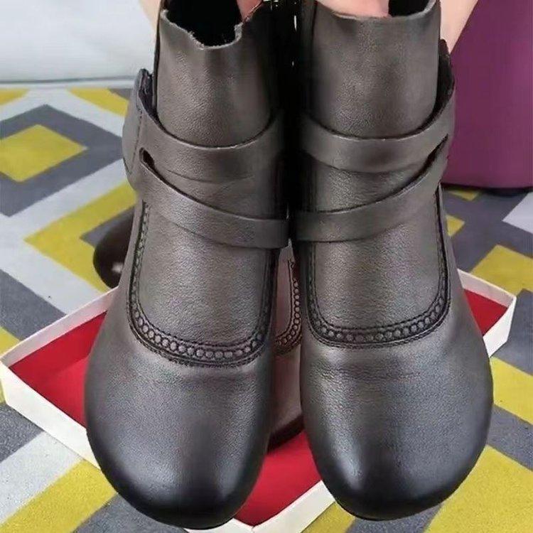 Ethnic Style Retro Short Boots Women's Thick-heeled Round Toe Comfortable Mother Shoes Side Zipper All-match Leather Boots Soft Sole Soft Surface