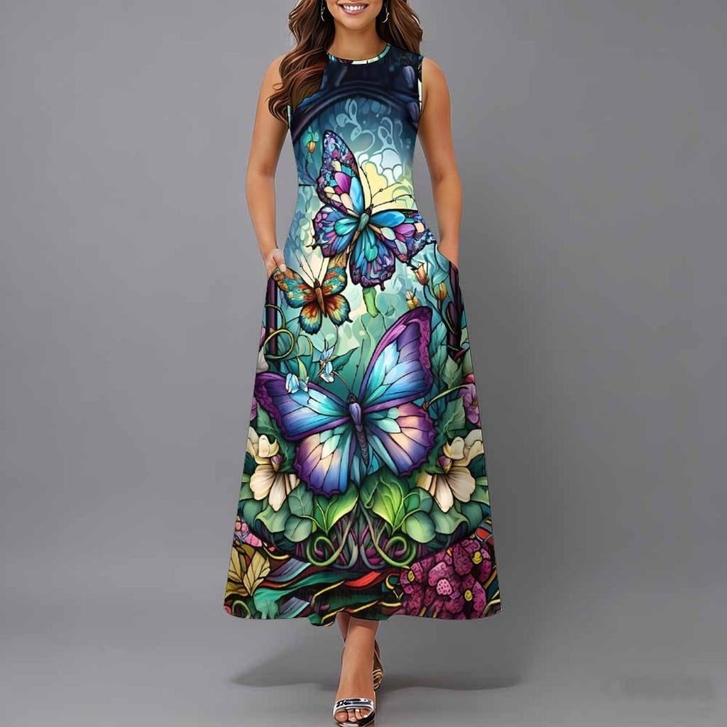 Plus Size Sleeveless Round Neck Dress Retro Tiny Floral Print Flowy Midi Dress