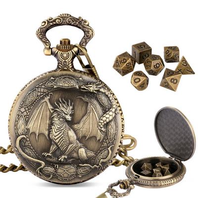 Metallwürfelset mit Drachen-Taschenuhr-Etui 7 Würfel Tragbar Vintage Mehrseitige Spielwürfel Familienabend Party Brettspiel Zubehör