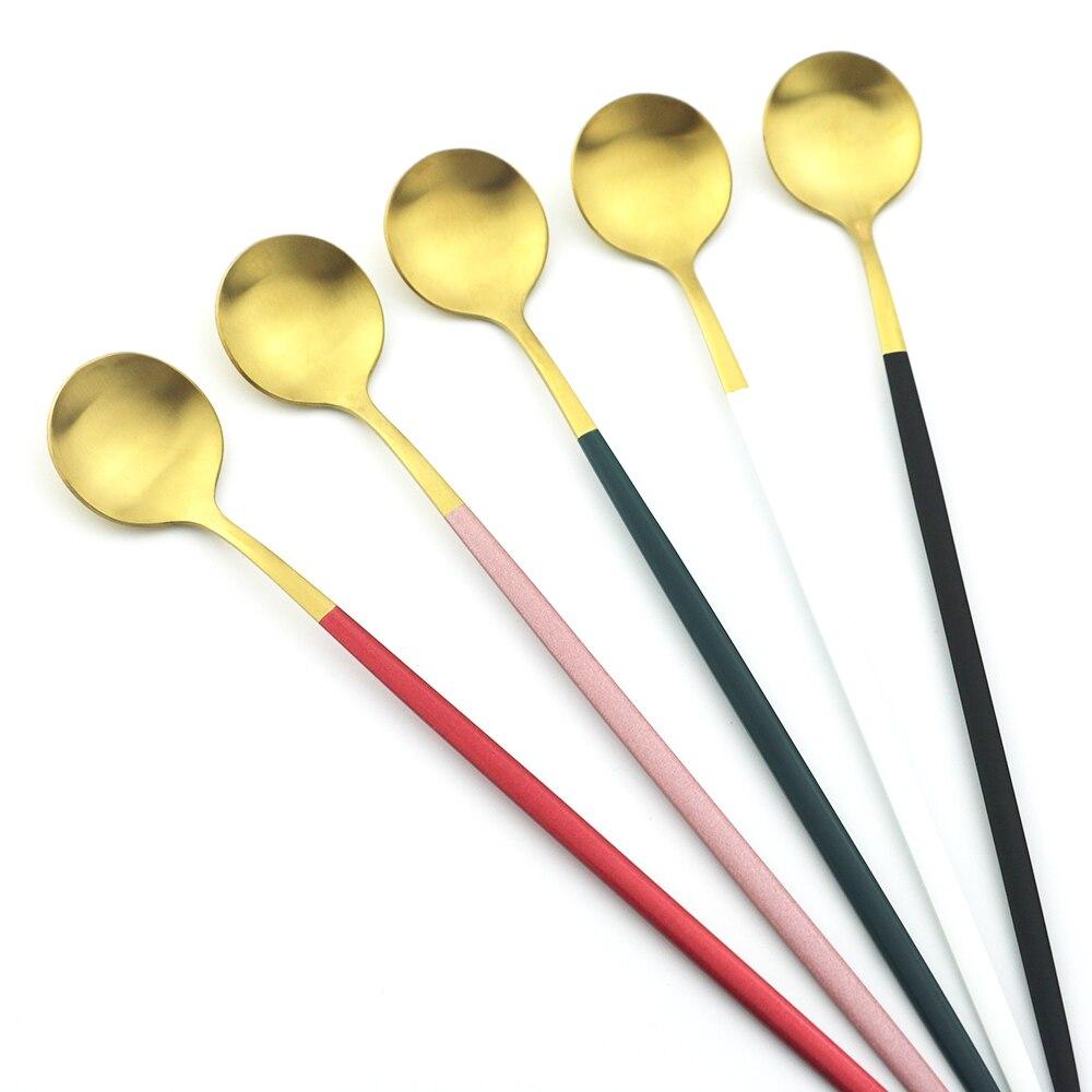 6ks Barevné příbory s dlouhou rukojetí Matné nerezové Lžíce Leštěné Míchání Nápoj Zmrzlina Dezert Čajová lžička Sada nádobí