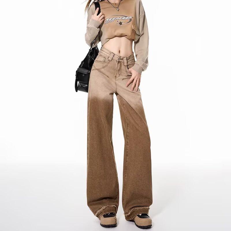 Women's Gradient Brown High-Waisted Wide-Leg Jeans - Spring/Autumn 2024, Loose Slimming Straight-Leg Floor-Length Trousers