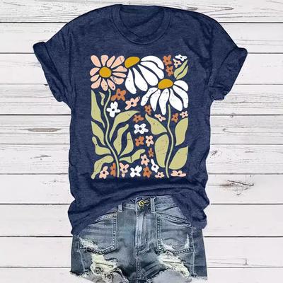 Damen-Freizeit- und Mode-T-Shirt mit Pflanzen- und Blumenmustern, Rundhalsausschnitt und kurzen Ärmeln