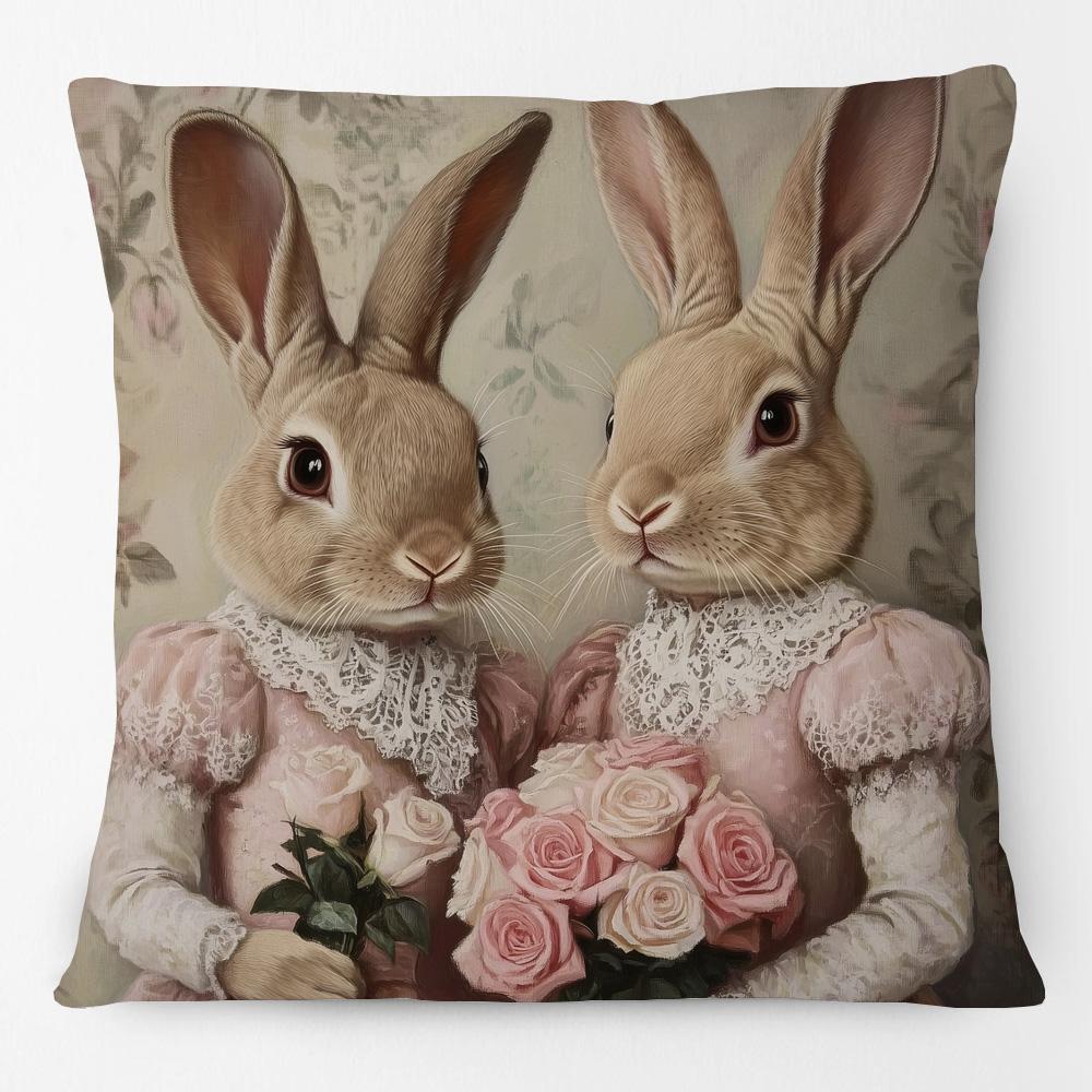 Vintage Easter Girl Cushion Cover Victorian Rabbit Bunny Portrait Print Decorative Pillow Case