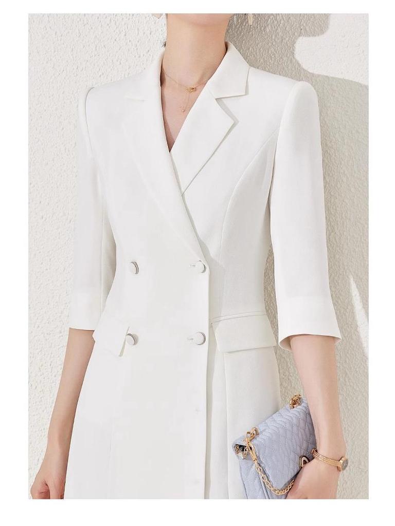 Spring/Summer White Double-Breasted Midi Dress with Suit Collar and Formal Workwear Elegance