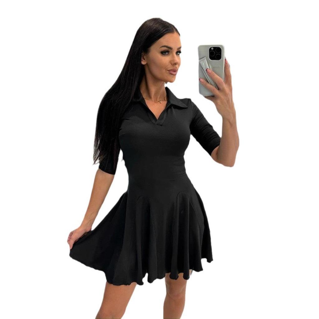 2025 Spring/Summer Women's Solid Color Waist-Cinching Long-Sleeve Turn-Down Collar Dress