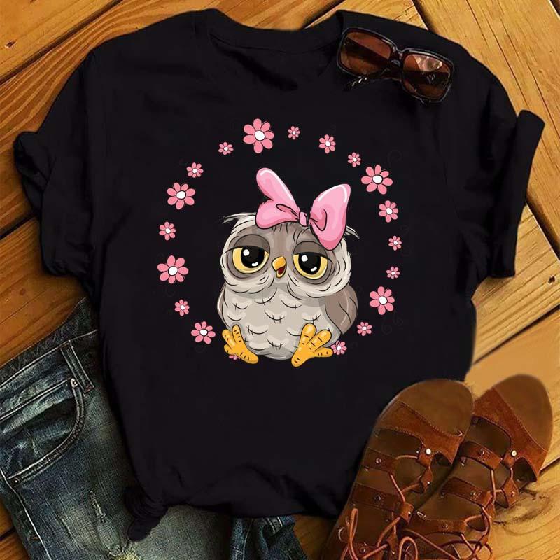 ZX TEE Camiseta de Mujer con Gráfico de Búho Lindo Estampado Harajuku Kawaii Negra Cuello Redondo Manga Corta Top Dibujos Animados Casual Verano Viaje Camiseta