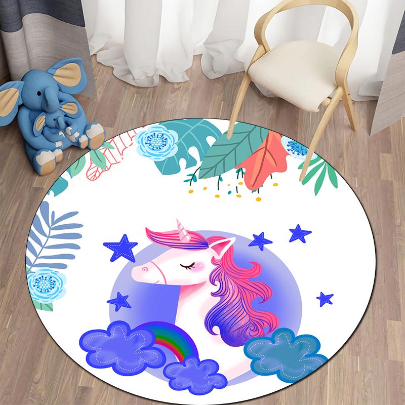 Alfombra redonda con bonitos dibujos de unicornios para dormitorio de niños, alfombra antideslizante para gatear, alfombra para sala de estar, felpudo decorativo para el baño