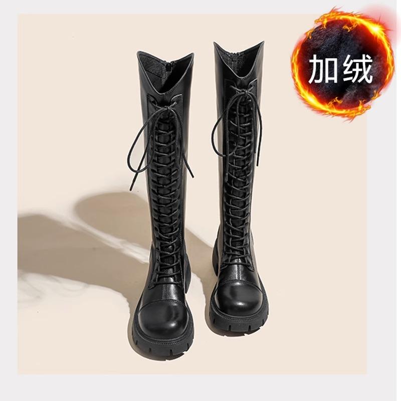 Winter Platform Cross Lace Up Woman Knight Boots Fashion Thick Heel Shoes Street Style Female Short Plush Long Booties