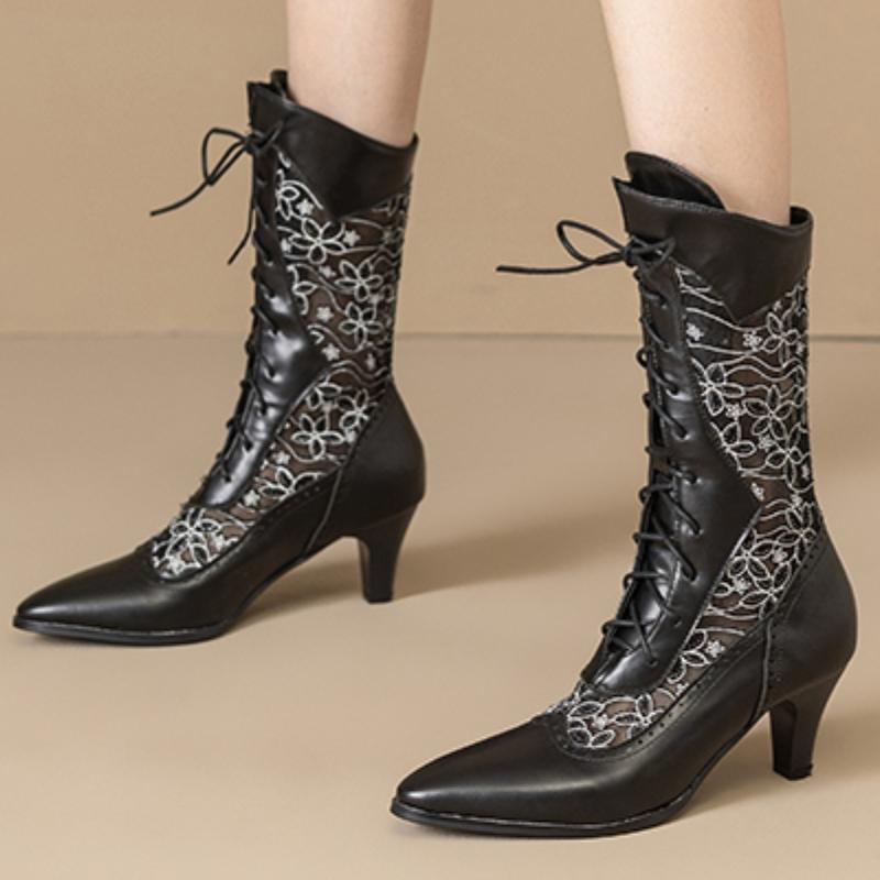 Autumn Spring Mid-calf Boots Women Fashion White Black Boot Elegant Lace Low Heels Lace-up Party Shoes for Girls Big Size 45 48