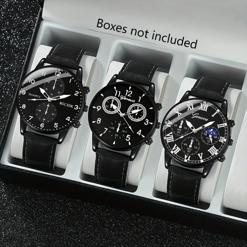 Stylish Men's Quartz Trio Watch Round Case PU Leather Strap Alloy Case Electronic Drive - 3 Piece Combination Watch