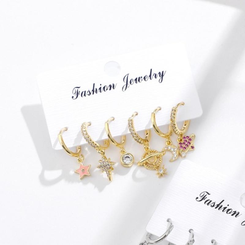6Pcs/set Geometric Star Moon Rhinestones Hoop Earrings Sets for Women Colorful Zircon Earrings Jewelry Gift
