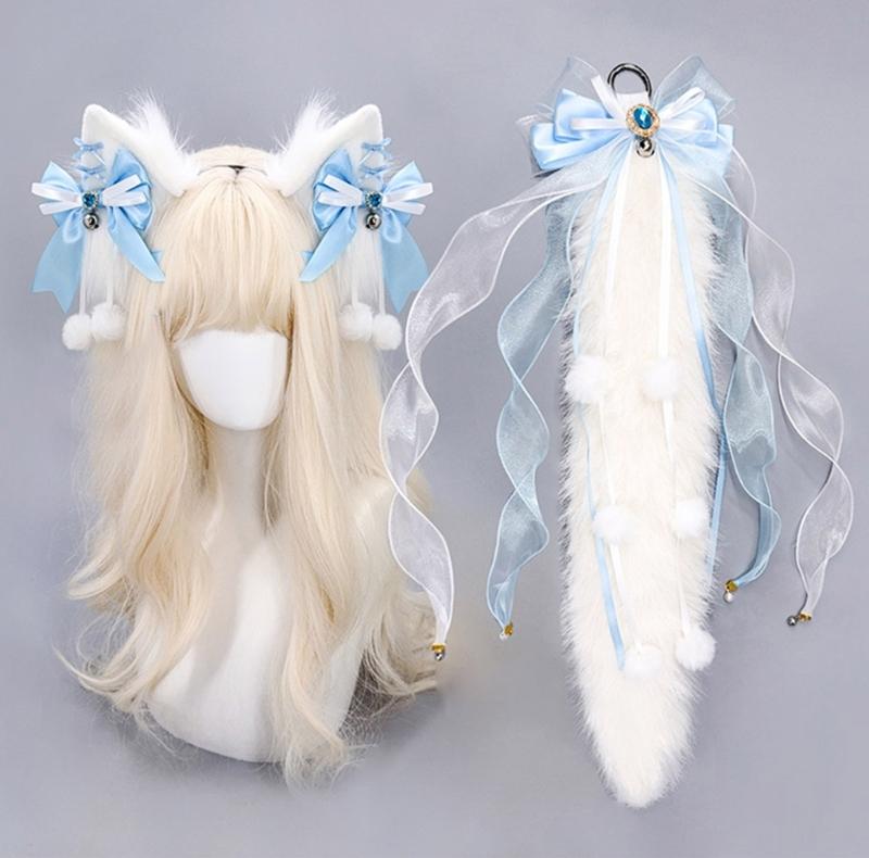 Wolf Ear Headband Wolf Tail Costume Furry Ear Headband Furry Tail Halloween Cosplay Accessories for Women Masquerade