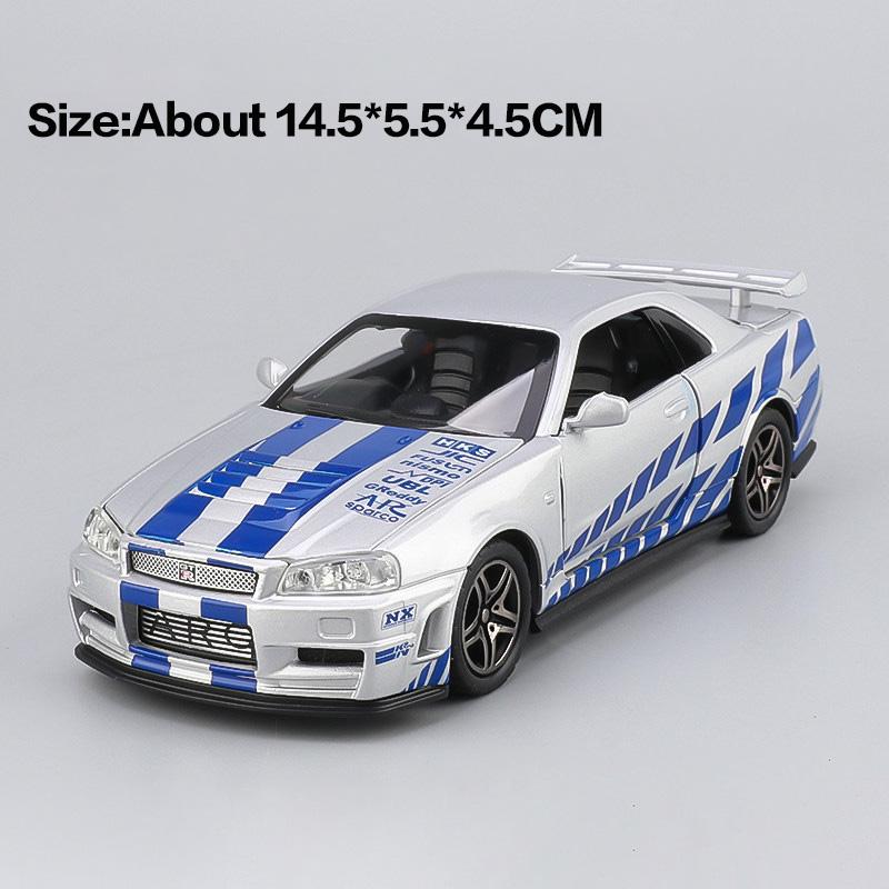 1:32 GTR R34 R35 Miniature Model Diecast Alloy Toys Car Sound Light Pull Back Rubber Tire Metal Body Vehices Collecting Hobbies