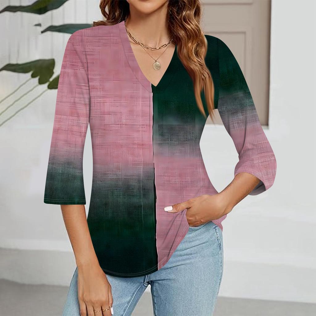 Modisches Oberteil mit V-Ausschnitt, Farbverlauf-Print und Dreiviertelärmeln für Damen