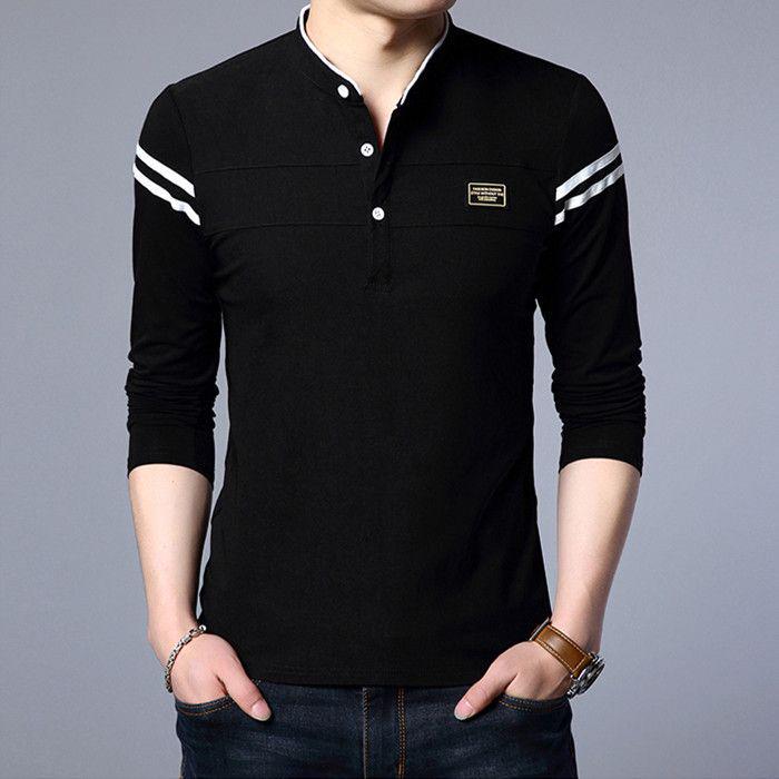 Men's Slim Fit Stand Collar Polo Shirt - Solid Color Long Sleeve for Spring & Autumn