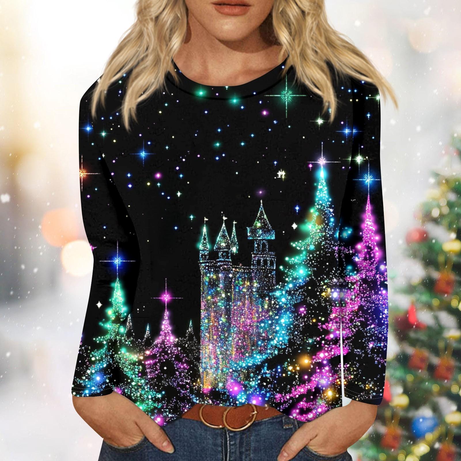 

Рубашки с длинным рукавом для женщин Милые принты Графические футболки Блузки Нарядные повседневные блузки Плиссированные туники с круглым вырезом Топы Рождество XL кофейный