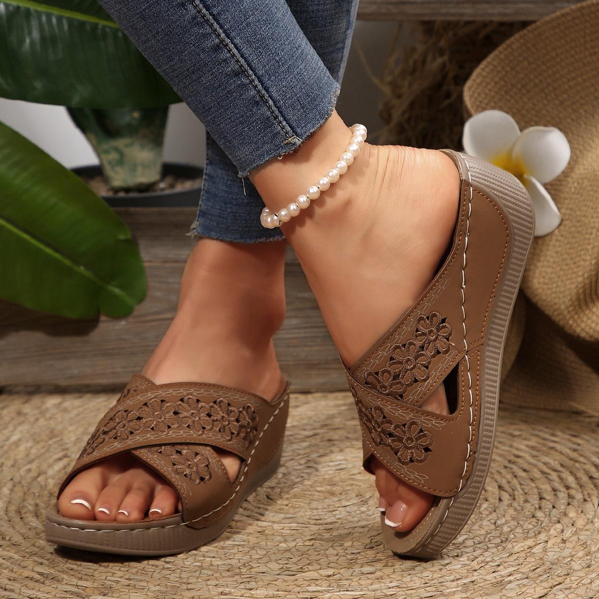 

Sandals Fashion Vintage Cross Flower Casual Wedge Slippers Women 43