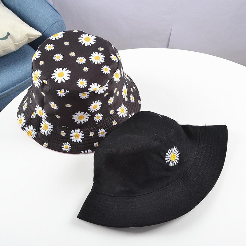 Summer Daisy Double-Sided  Bucket Hats Women's Embroidery Hip Hop Panama Bob Caps Folded Beach Sun Fisherman Hat For Ladies