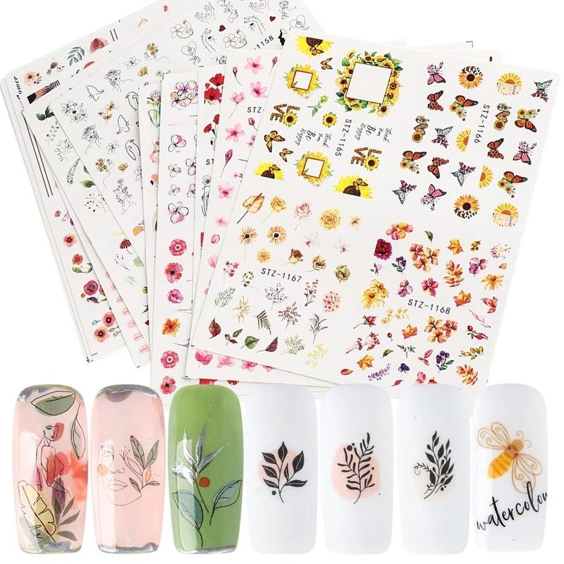 4Pcs Nail Art Slider Black Green Leaves Colorful Flowers Butterfly Spring Summer Nail Simple Designs Nail Art Stickers