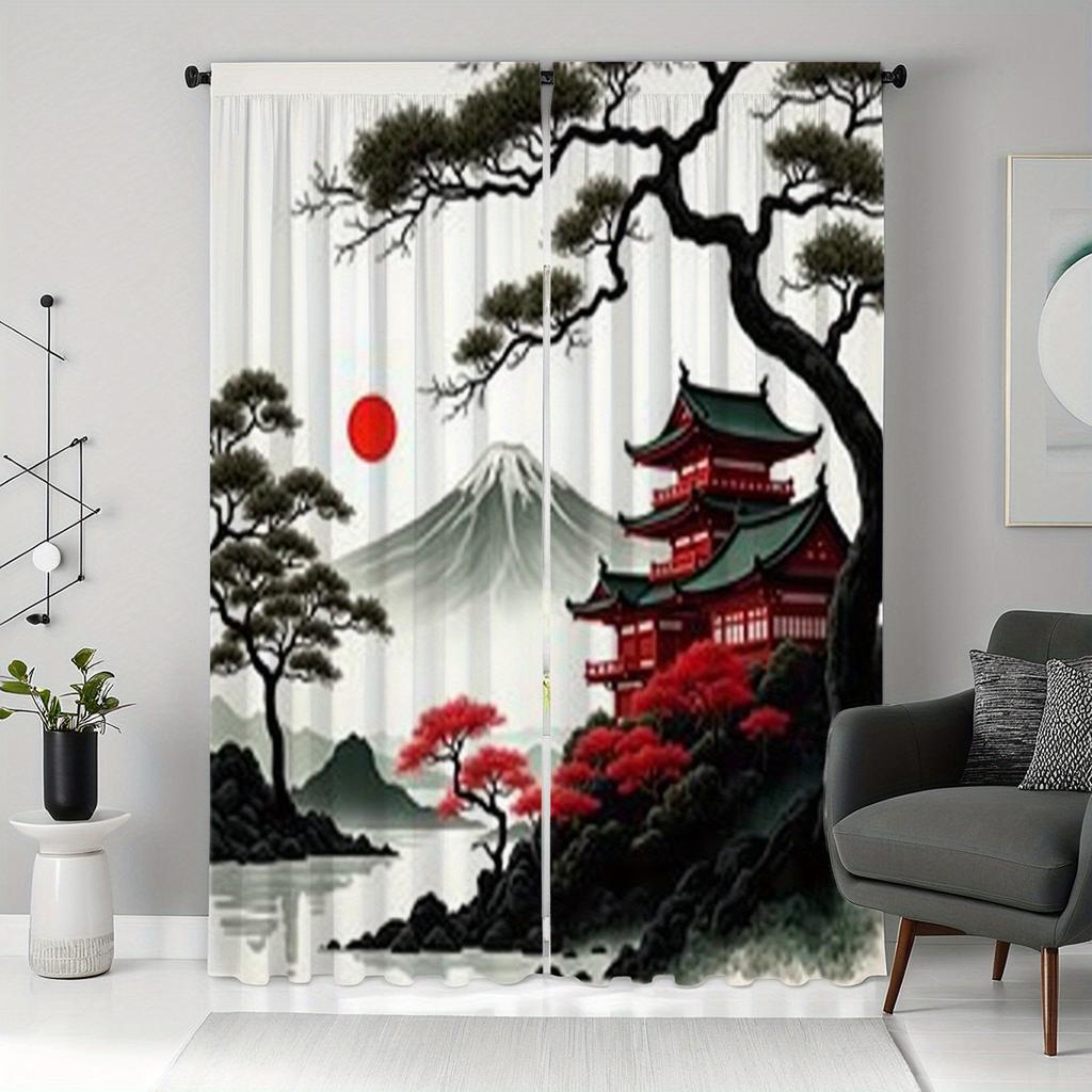 2er Set Fuji & Sakura Vorhänge – Roter Ahorn-Druck   Transparenter Stangendurchzug für Wohnzimmer   Schlafzimmer & Arbeitszimmer