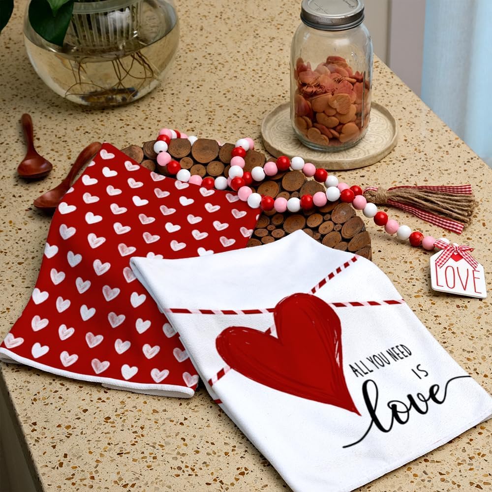 ARKENY Valentines Day Kitchen Towels Set of 2,Red Heart Love Dish Towels 18x26 Inch Drying Dishcloth,Farmhouse Home Decoration AD133