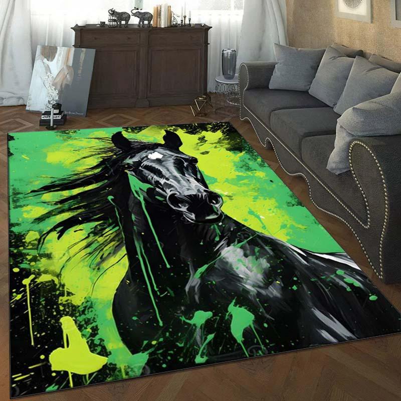 Abstract Horse Rug in Green and Black, Stylish Animal Print Carpets for Living Room - Best Selling Interior Design Elements 50x80cm