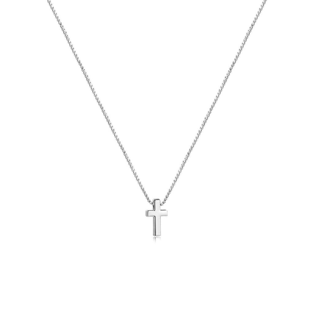 18K Gold Mini Cross Pendant On Stainless Steel Box Chain Necklace