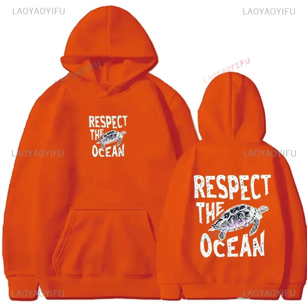 Respect The Ocean Hoodie - Ocean Surf Hoodie Carolina Blue Hoodie Words on Back Turtle Sweatshirt for Outdoor Enthusiasts
