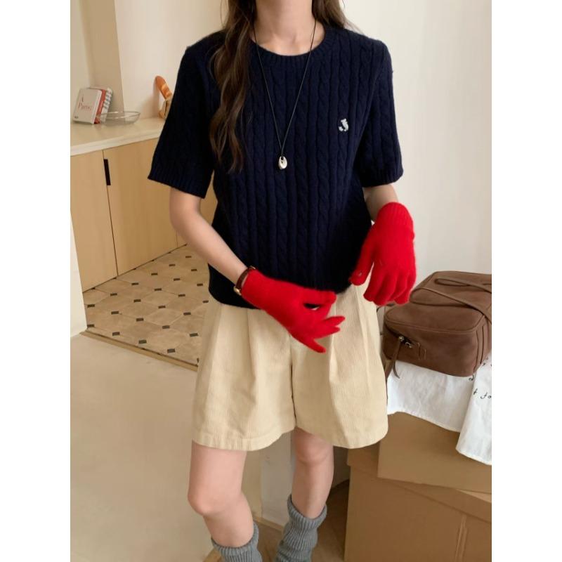 

Autumn and winter new retro twist short-sleeved knitted sweater top crew neck design sweater pullover woman average size темно-синий