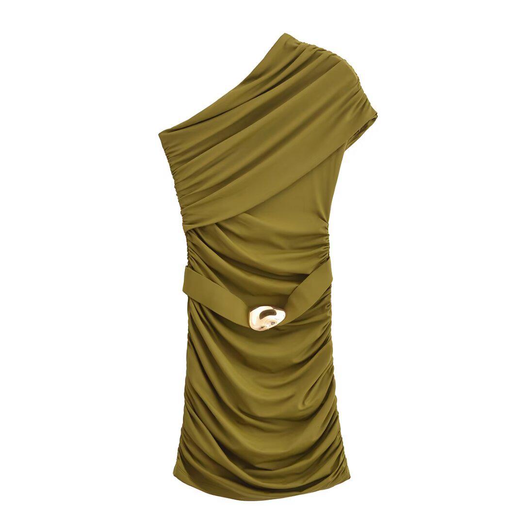 

2025 Весна Женское Европейский и Американский Стиль Мода Приталенное Плиссированное Асимметричное Платье L желто-зеленый