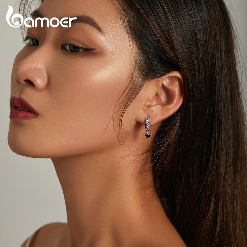 BAMOER 925 Sterling Silver Exquisite Black Zircon Rose Pattern Earrings for Women Fine Jewelry