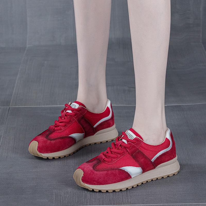 Leather thick-soled red German training shoes retro soft-soled Forrest Gump shoes spring new sports and leisure dad shoes 35